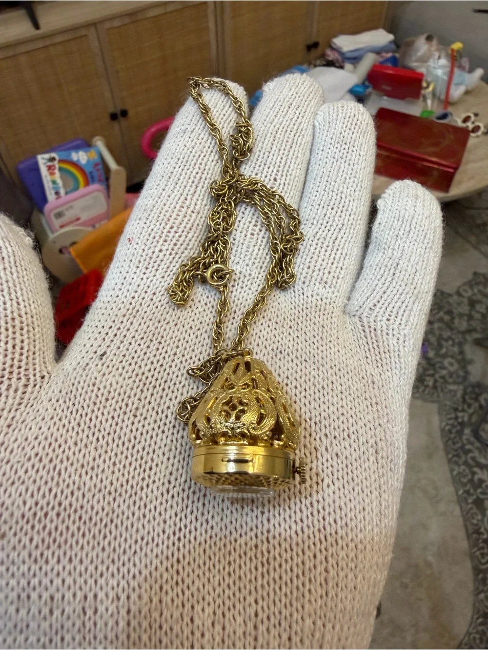 Vtg Paul Garnier 21 Jewels Pendant Watch Necklace Gold Tone Dome Cage Filigree